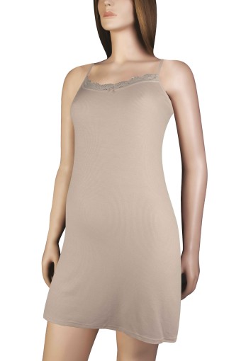 DOMİNANT - Dominant Kadın Elbise İp Askılı Viskon Yakası Danteli Kısa - Ten