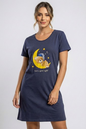 DOMİNANT - Dominant Kadın Gecelik Kısa Kollu Pamuklu Kısa Bisiklet Yaka Ayıcık Baskılı - Lacivert