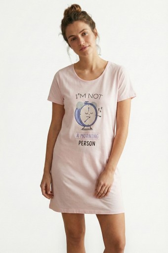 DOMİNANT - Dominant Kadın Gecelik Kısa Kollu Pamuklu Kısa Bisiklet Yaka Çalar Saat Baskılı - Pudra