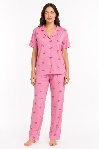 DOMİNANT - Dominant Kadın Pijama Takımı Gömlek Yaka Kısa Kollu Desenli Milan - Pembe/4