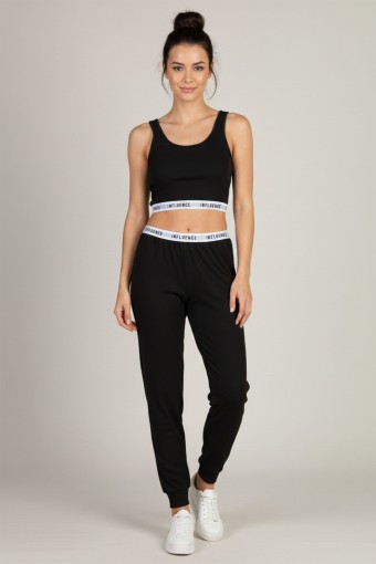 DOMİNANT - Dominant Kadın Pijama Takımı Kalın Askılı Beli Lastikli Yazılı Paça Manşetli Pamuklu - Siyah