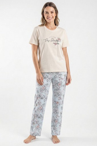 DOMİNANT - Dominant Kadın Pijama Takımı Kısa Kol Bisiklet Yaka Çiçek Desenli Pamuklu - Açık Pudra