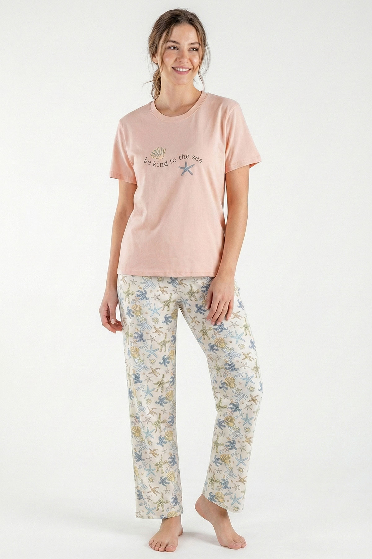 Dominant Kadın Pijama Takımı Kısa Kol Bisiklet Yaka Deniz Kabuğu Desenli Pamuklu - Somon - Thumbnail