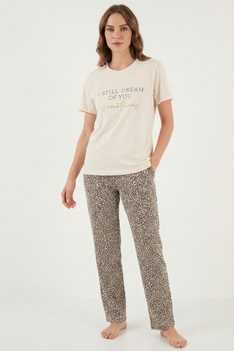 DOMİNANT - Dominant Kadın Pijama Takımı Kısa Kol Bisiklet Yaka Leopar Pamuklu - Açık Bej