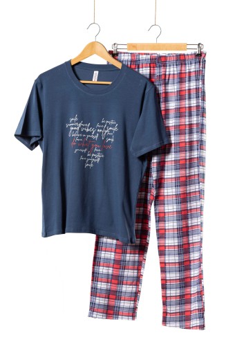DOMİNANT - Dominant Kadın Pijama Takımı Kısa Kollu Alt Ekose Yazılı - Lacivert