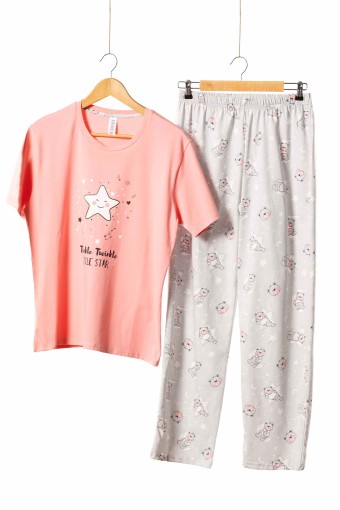 DOMİNANT - Dominant Kadın Pijama Takımı Kısa Kollu Little Star Baskılı - Pembe