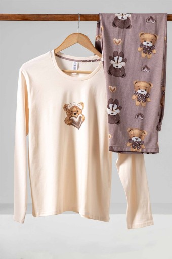 DOMİNANT - Dominant Kadın Pijama Takımı Uzun Kollu Ayıcık Baskılı Pamuklu - Ekru