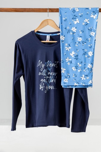 DOMİNANT - Dominant Kadın Pijama Takımı Uzun Kollu Çiçek Baskılı Pamuklu - Lacivert