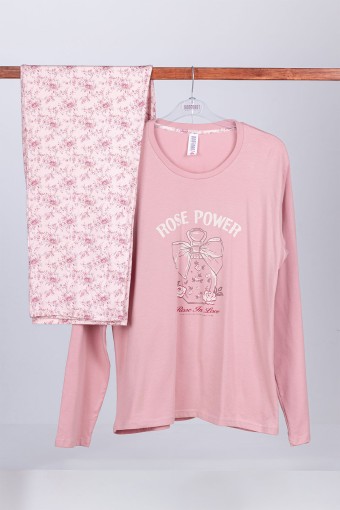 DOMİNANT - Dominant Kadın Pijama Takımı Uzun Kollu Desenli Pamuklu - Pembe
