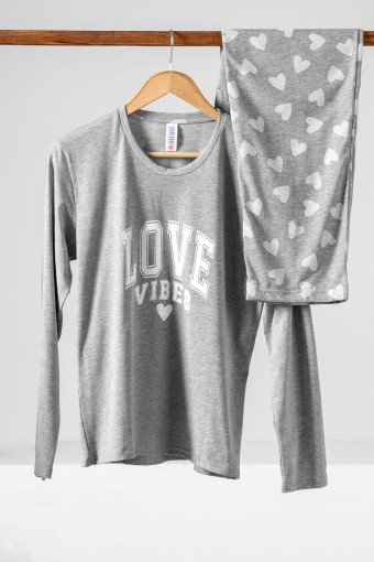 DOMİNANT - Dominant Kadın Pijama Takımı Uzun Kollu Kalp Baskılı Pamuklu - Gri