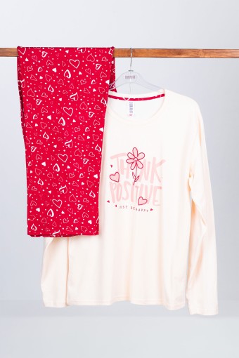DOMİNANT - Dominant Kadın Pijama Takımı Uzun Kollu Kalp Baskılı Pamuklu - Somon