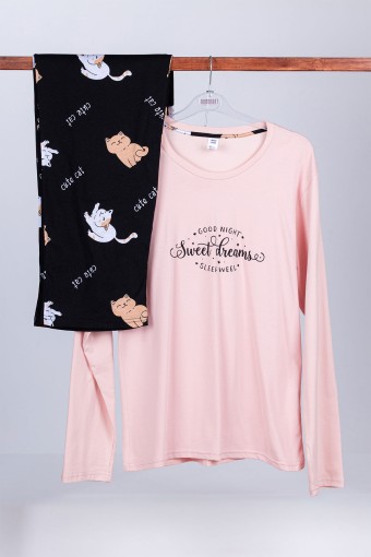DOMİNANT - Dominant Kadın Pijama Takımı Uzun Kollu Kedi Baskılı Pamuklu - Pembe