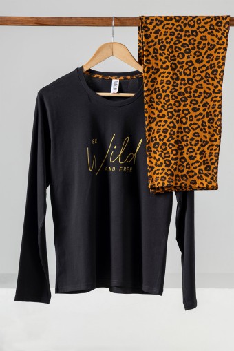 DOMİNANT - Dominant Kadın Pijama Takımı Uzun Kollu Leopar Baskılı Pamuklu - Siyah