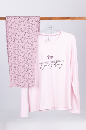DOMİNANT - Dominant Kadın Pijama Takımı Uzun Kollu Yaprak Baskılı Pamuklu - Pembe