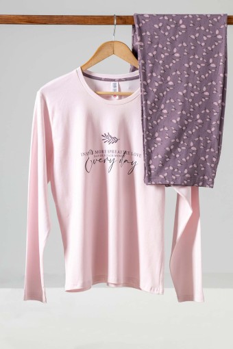 DOMİNANT - Dominant Kadın Pijama Takımı Uzun Kollu Yazılı Alt Desenli - Lila