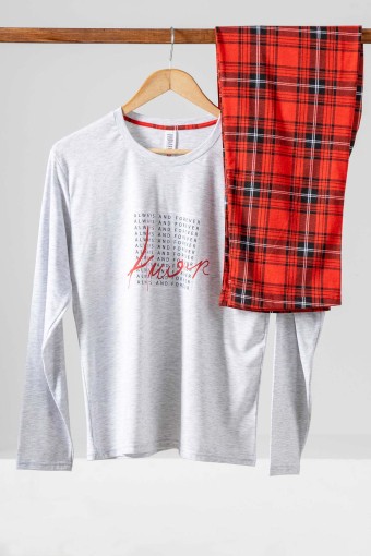 DOMİNANT - Dominant Kadın Pijama Takımı Uzun Kollu Yazılı Alt Ekose Pamuklu - Gri