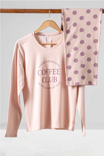 DOMİNANT - Dominant Kadın Pijama Takımı Uzun Kollu Yazılı Alt Puantiyeli Pamuklu - Pembe