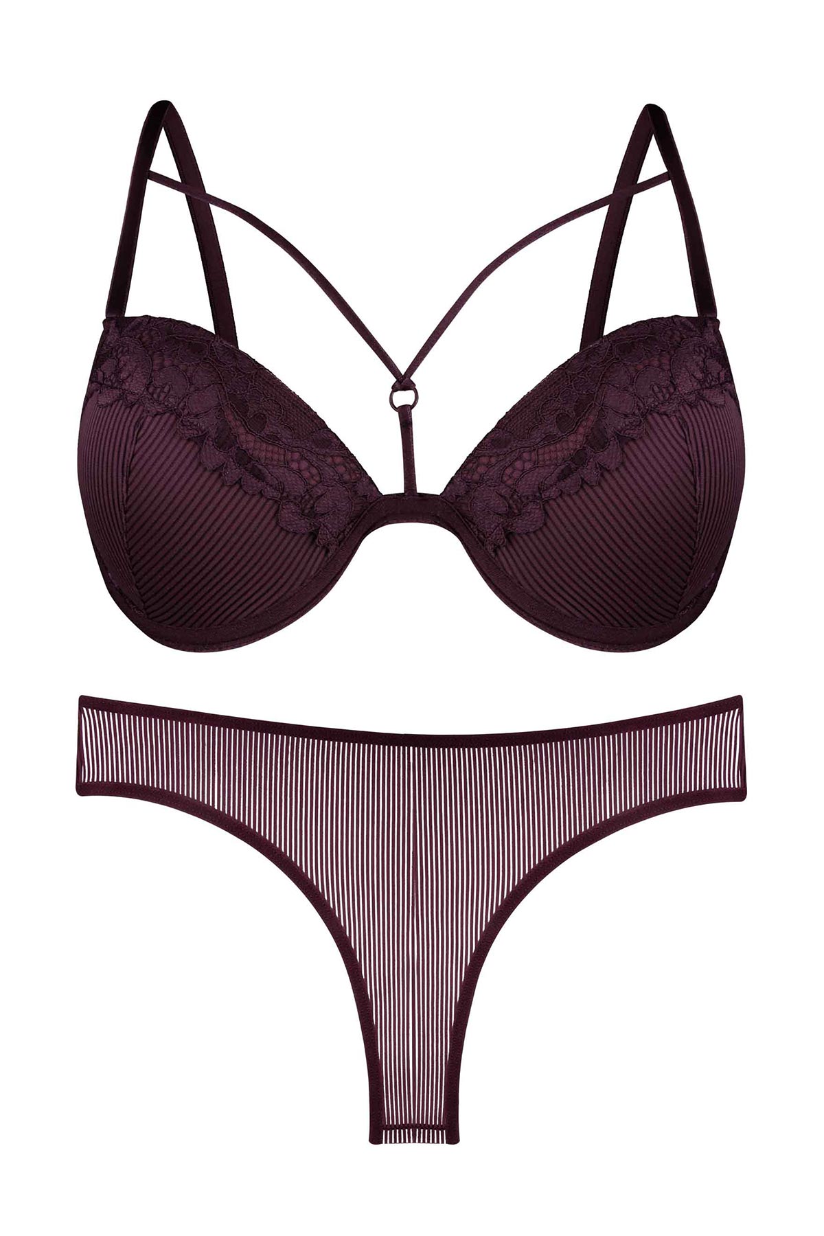 Dominant Kadın Sütyen Külot Takım Desteksiz Dantel Detaylı - Bordo - Thumbnail