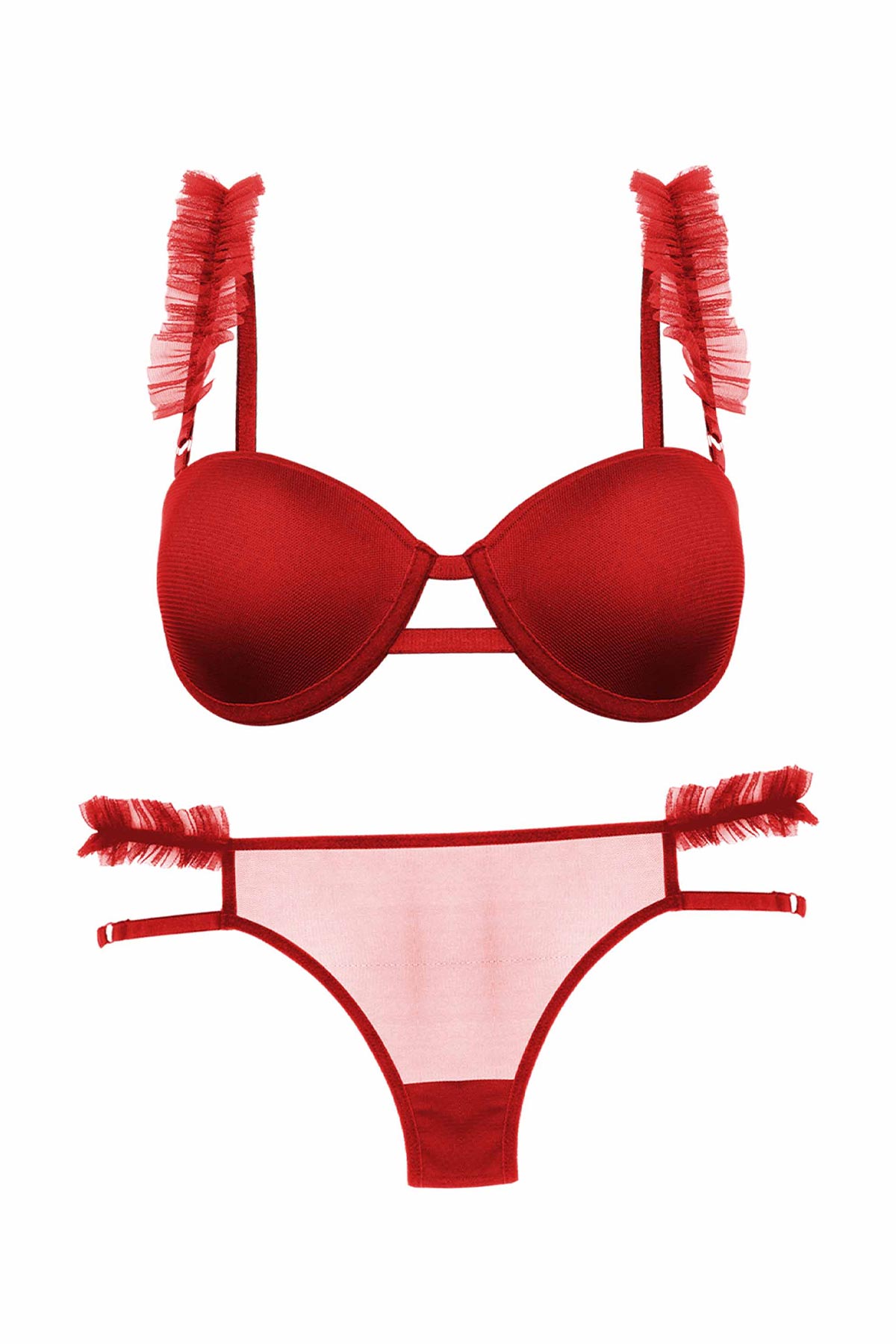 Dominant Kadın Sütyen Külot Takım Destekli Fırfırlı - Kırmızı - Thumbnail