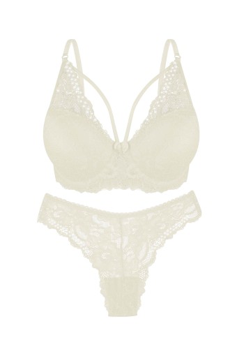 DOMİNANT - Dominant Kadın Sütyen Külot Takım Destekli İpli Taşlı - Ekru