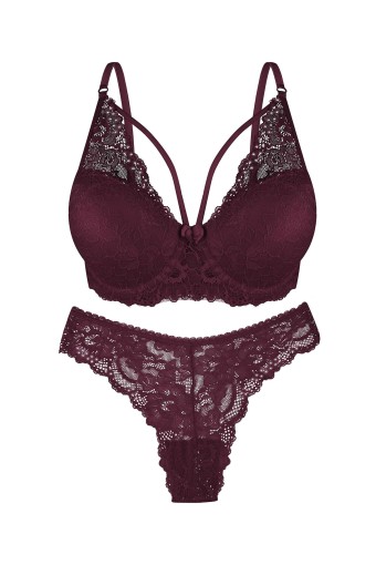 DOMİNANT - Dominant Kadın Sütyen Külot Takım Destekli İpli Taşlı - Mürdüm