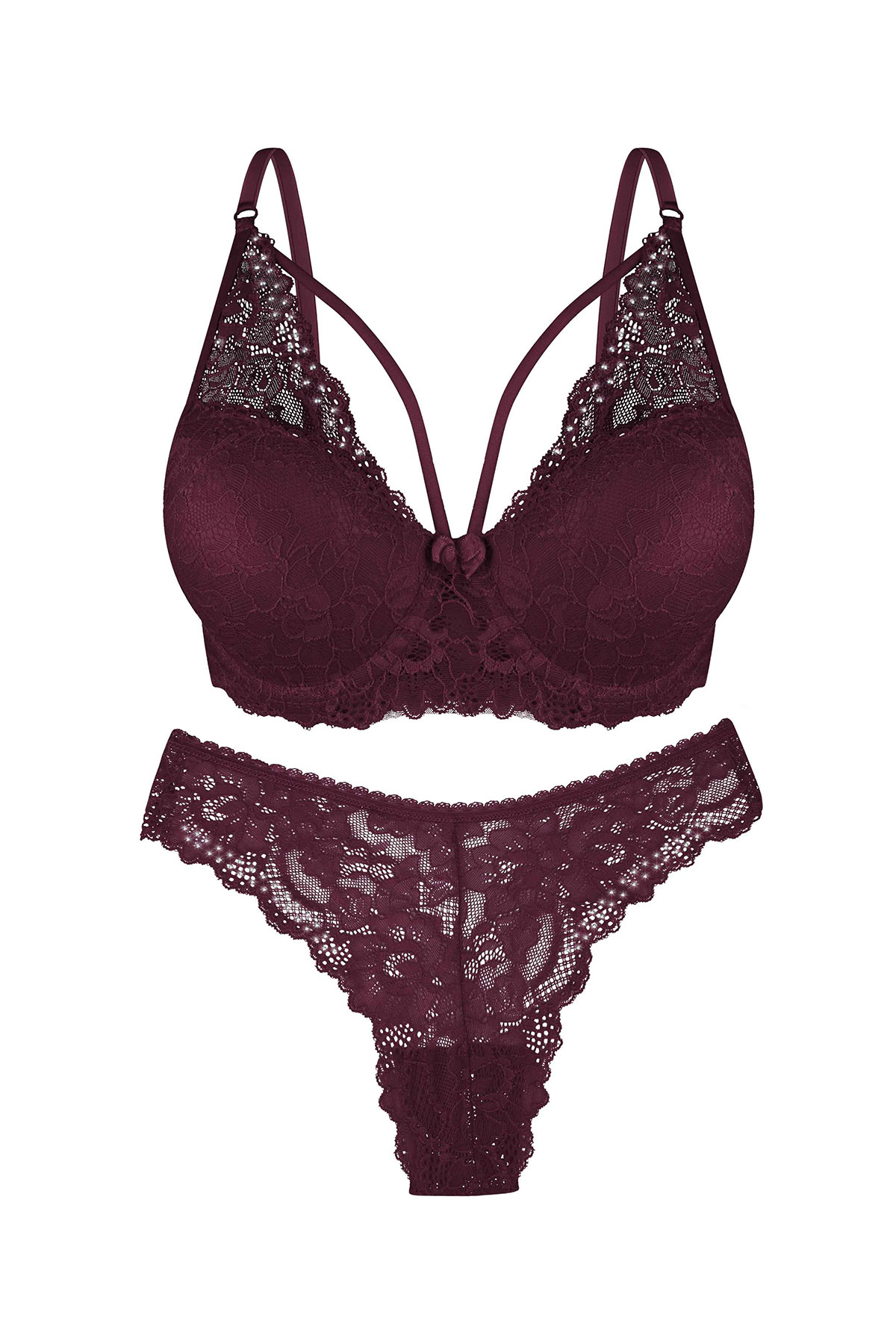 Dominant Kadın Sütyen Külot Takım Destekli İpli Taşlı - Mürdüm - Thumbnail