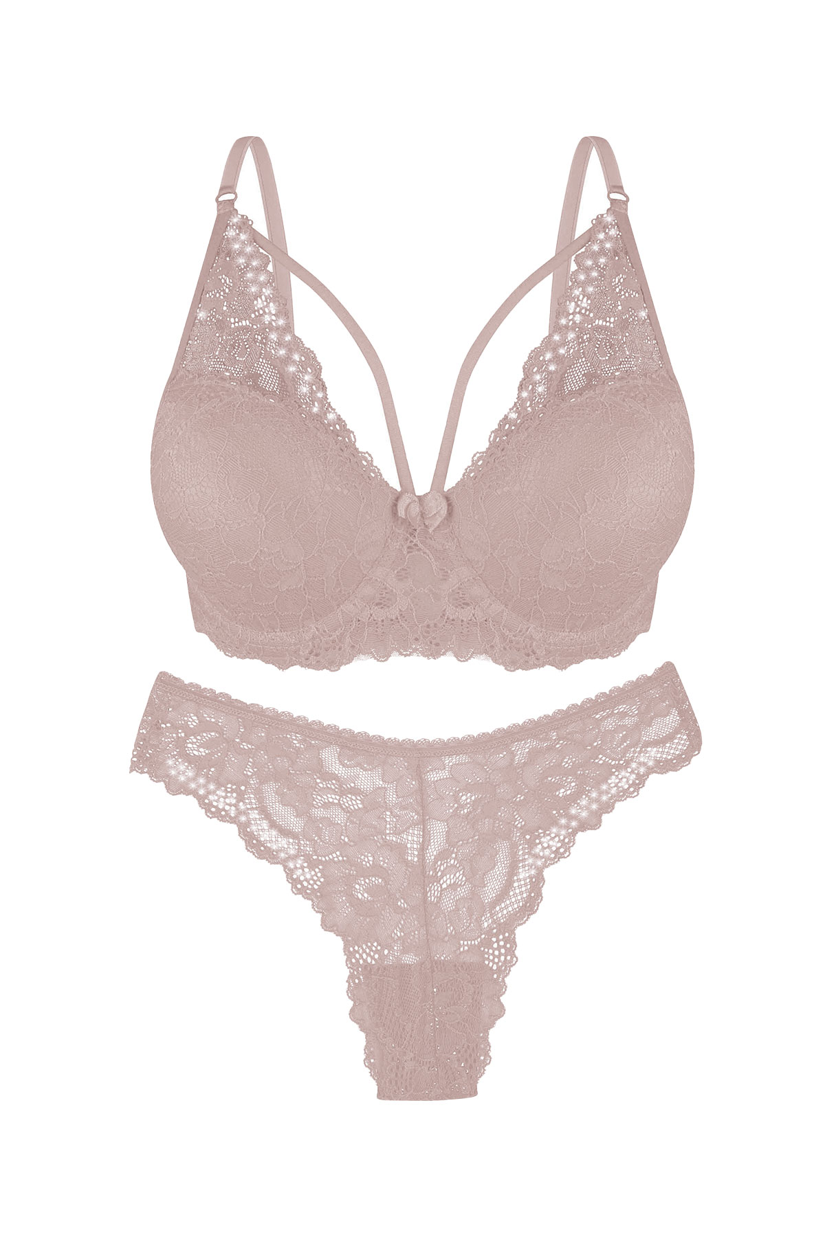 Dominant Kadın Sütyen Külot Takım Destekli İpli Taşlı - Mürdüm - Thumbnail