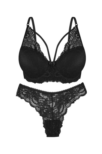 DOMİNANT - Dominant Kadın Sütyen Külot Takım Destekli İpli Taşlı - Siyah