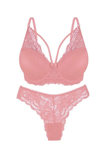DOMİNANT - Dominant Kadın Sütyen Külot Takım Destekli İpli Taşlı - Somon