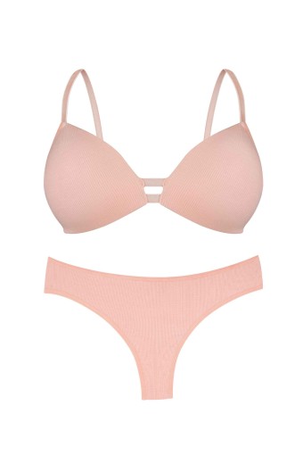 DOMİNANT - Dominant Kadın Sütyen Külot Takım Destekli Yan Dantel Detaylı - Somon