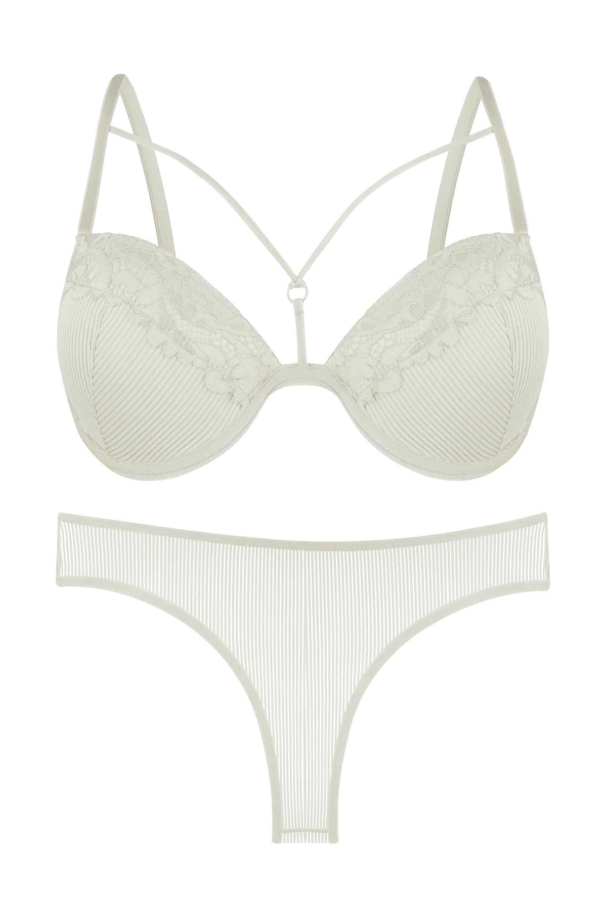 Dominant Kadın Sütyen Külot Takım Desteksiz Dantel Detaylı - Ekru - Thumbnail
