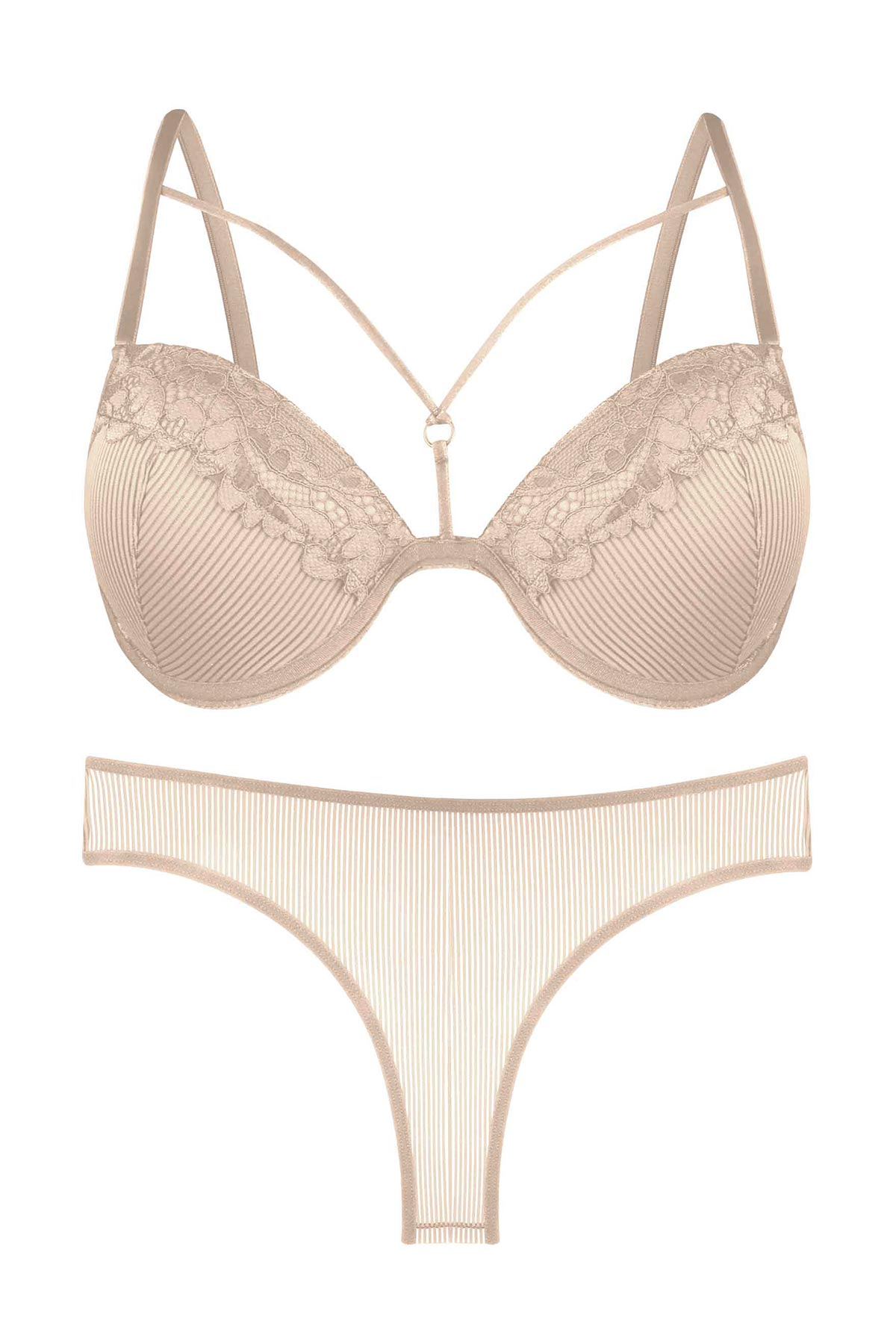 Dominant Kadın Sütyen Külot Takım Desteksiz Dantel Detaylı - Ekru - Thumbnail