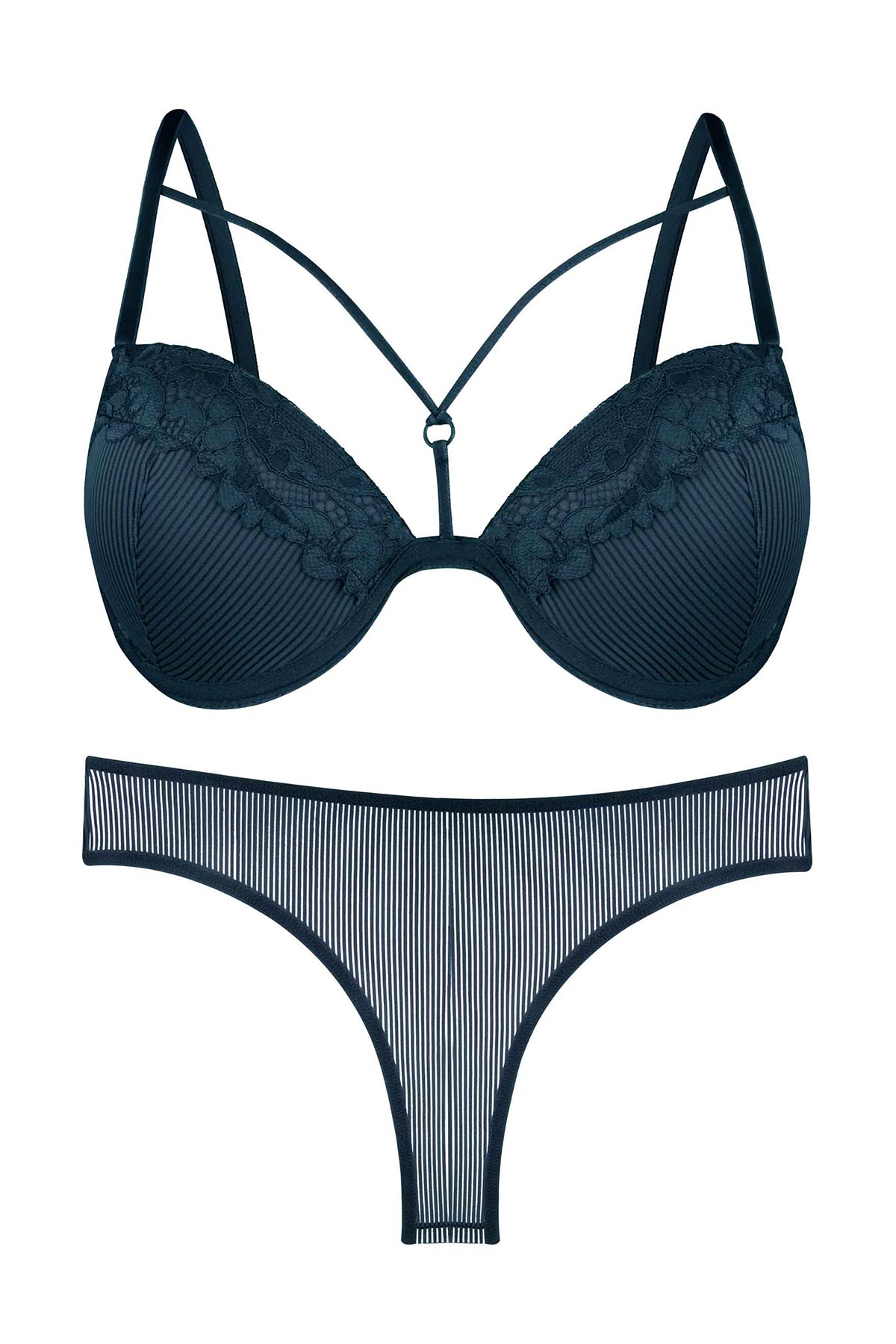 Dominant Kadın Sütyen Külot Takım Desteksiz Dantel Detaylı - Petrol - Thumbnail