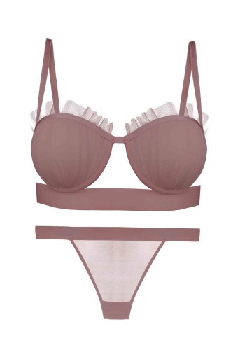 DOMİNANT - Dominant Kadın Sütyen Külot Takım Destekli Fırfırlı - Vizon