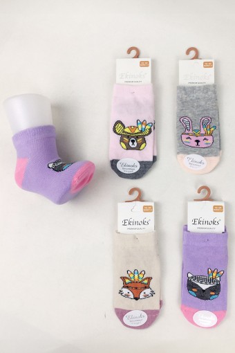 EKİNOKS - Ekinoks Kız Bebek Patik Çorap Desenli Papolla