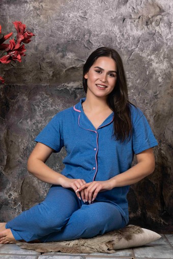 ERCAN - Ercan Kadın Pijama Takımı Kısa Kol Gömlek Yaka - Mavi