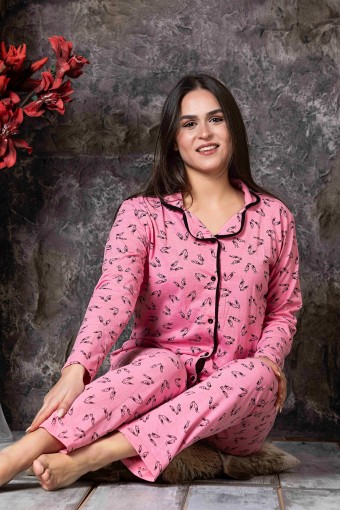 ERCAN - Ercan Kadın Pijama Takımı Uzun Kol Gömlek Yaka Göz Desenli - Pembe