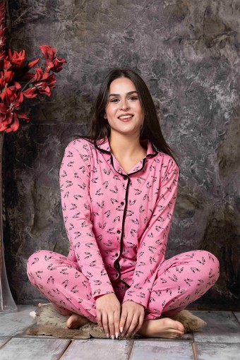 ERCAN - Ercan Kadın Pijama Takımı Uzun Kol Gömlek Yaka Göz Desenli - Pembe (1)