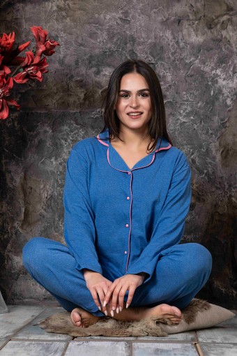 ERCAN - Ercan Kadın Pijama Takımı Uzun Kol Gömlek Yaka - Mavi