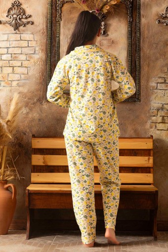 ERCAN - Ercan Kadın Pijama Takımı Uzun Kol Gömlek Yaka Meyve Desenli - Sarı (1)