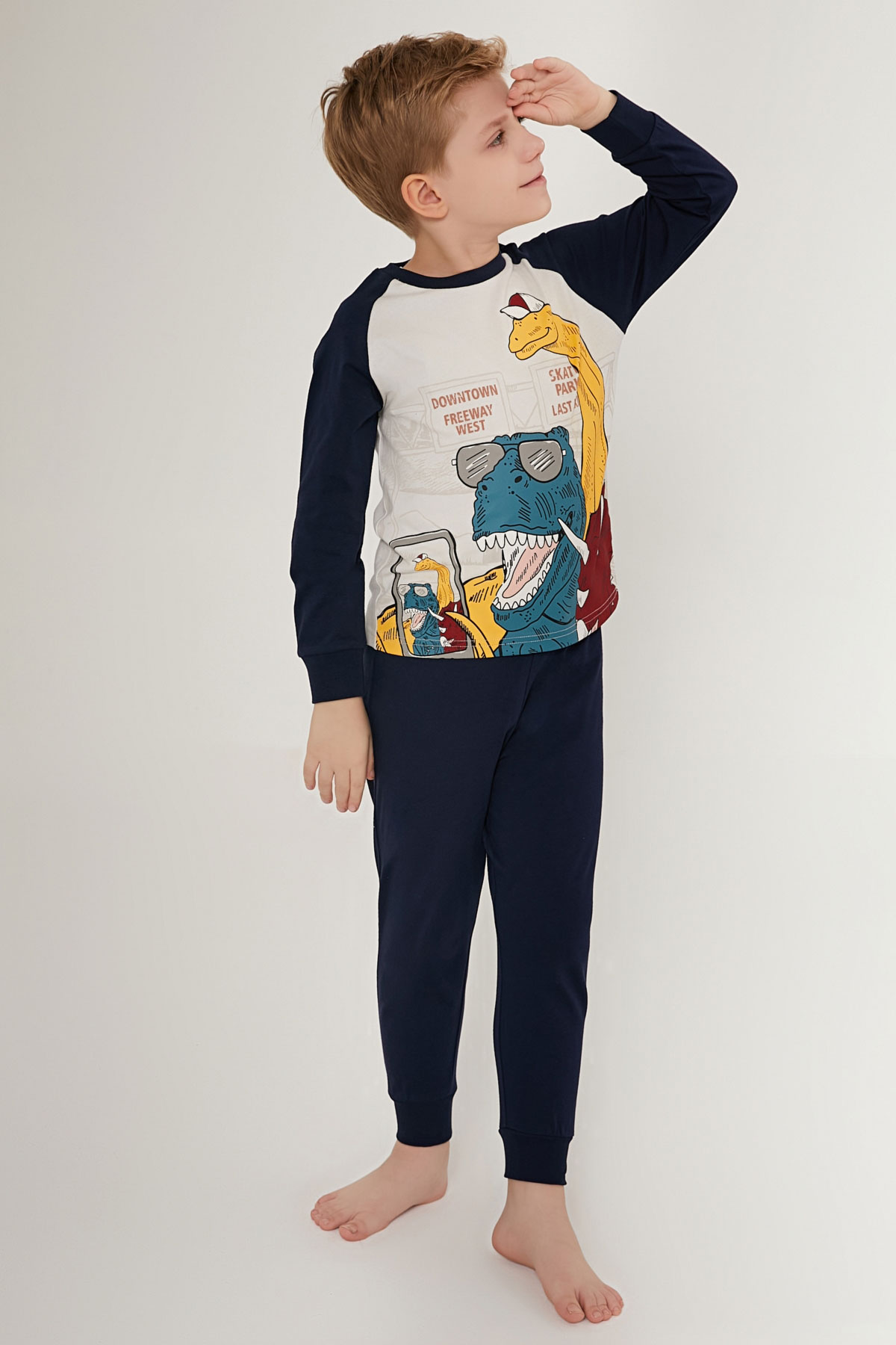 Erkek Garson Pijama Takımı Dinazor Uzun Kol Süprem Paça Manşetli - Taş - Thumbnail