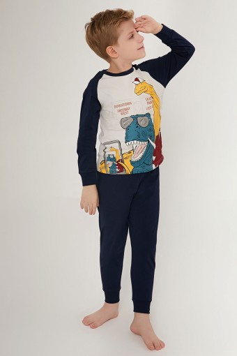 ROLY POLY - Erkek Garson Pijama Takımı Dinazor Uzun Kol Süprem Paça Manşetli - Taş