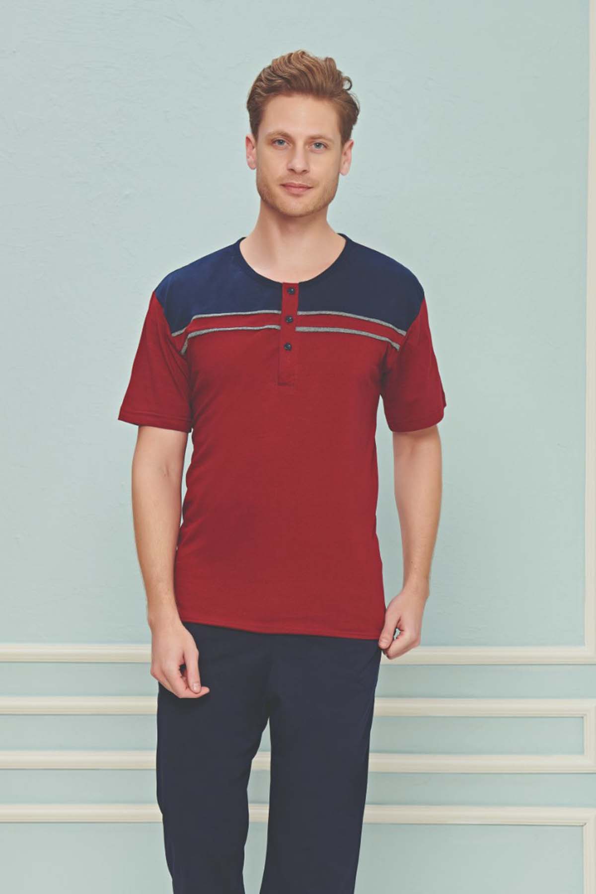 Fapi Büyük Beden Pijama Erkek Takım Omzu Renkli Üç Düğmeli Süprem Kumaş - Bordo - Thumbnail