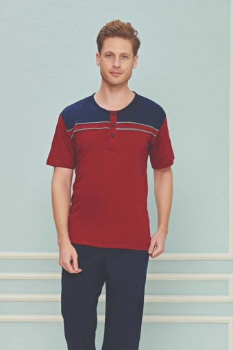 FAPİ - Fapi Büyük Beden Pijama Erkek Takım Omzu Renkli Üç Düğmeli Süprem Kumaş - Bordo