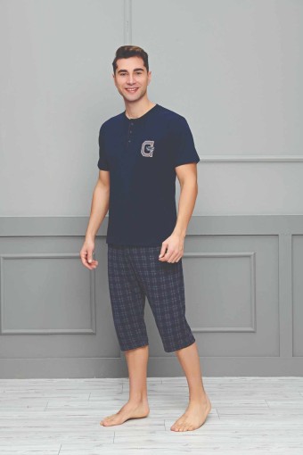 FAPİ - Fapi Erkek Çocuk Garson Kapri Takımı Kısa Kol Ekose Desen - Lacivert Süprem Kumaş - Lacivert