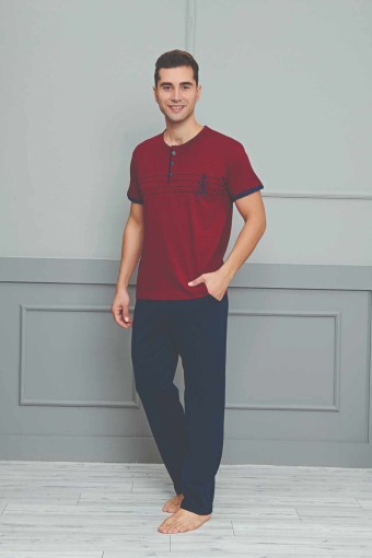 FAPİ - Fapi Erkek Çocuk Garson Pijama Takımı Kısa Kol Çapa Desen - Bordo Süprem Kumaş - Bordo