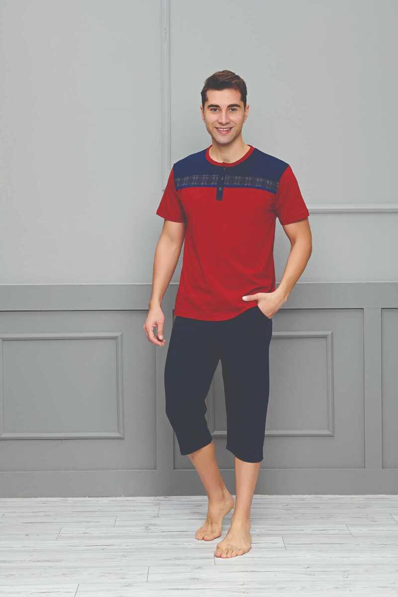 Fapi Erkek Kapri Takımı Kısa Kol 3 Düğmeli Büyük Beden Ekose şeritli Süprem Kumaş - Bordo - Thumbnail