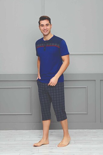 FAPİ - Fapi Erkek KapriTakımı Kısa Kol Üç Düğme Bisiklet Yaka Ekose Alt Süprem Kumaş - Lacivert