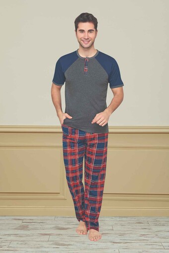 FAPİ - Fapi Erkek Pijama Takımı Kısa Kol Üç Düğmeli Alt Ekoseli Süprem Kumaş - Gri