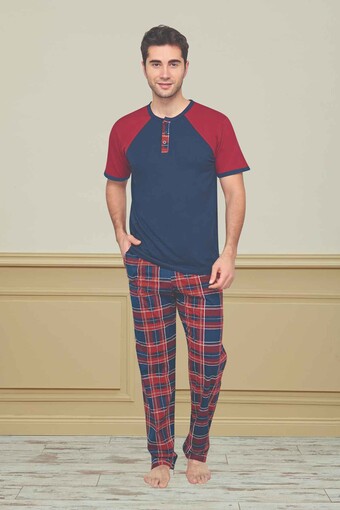 FAPİ - Fapi Erkek Pijama Takımı Kısa Kol Üç Düğmeli Alt Ekoseli Süprem Kumaş - Lacivert